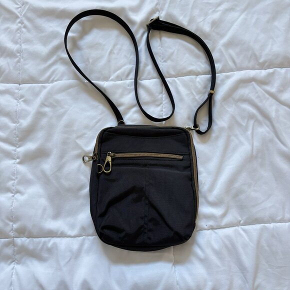 Travelon Handbags - Travelon Signature Slim Day Bag Crossbody Black Canvas Pockets Blue Inside